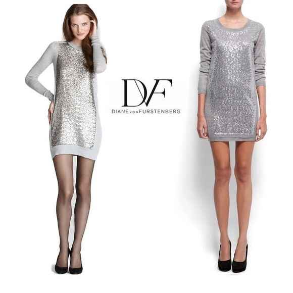 DIANE Von Furstenberg Wool Sequin Danette Sweater Dress gray size medium - Picture 1 of 12
